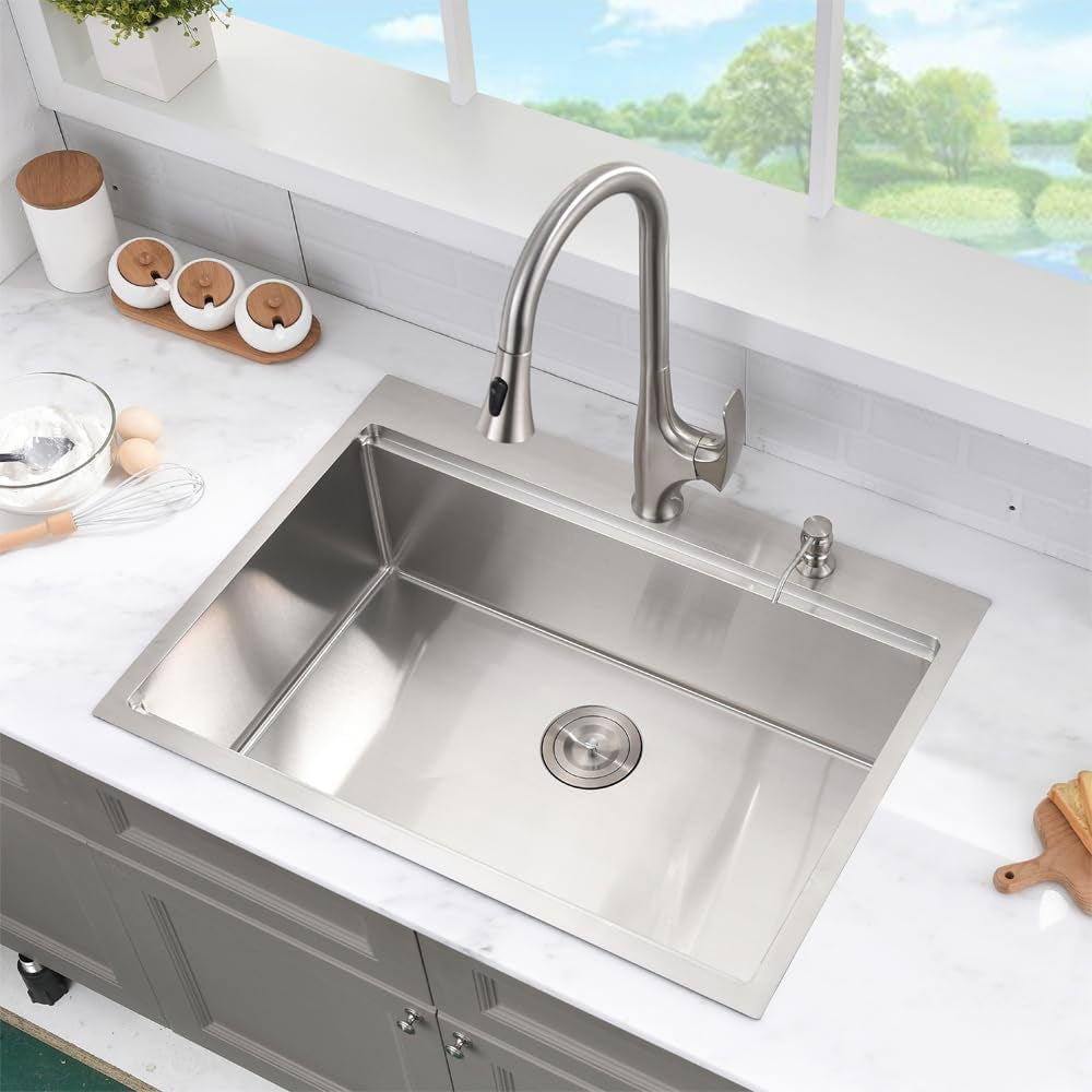 33 Inch Drop in Kitchen Sink Workstation - 33X22 Inch Topmount Single Bowl Workstation 16 Gauge Stainless Steel Drop-In Sinks,Round Corner Basin for Kitchen with Accessories