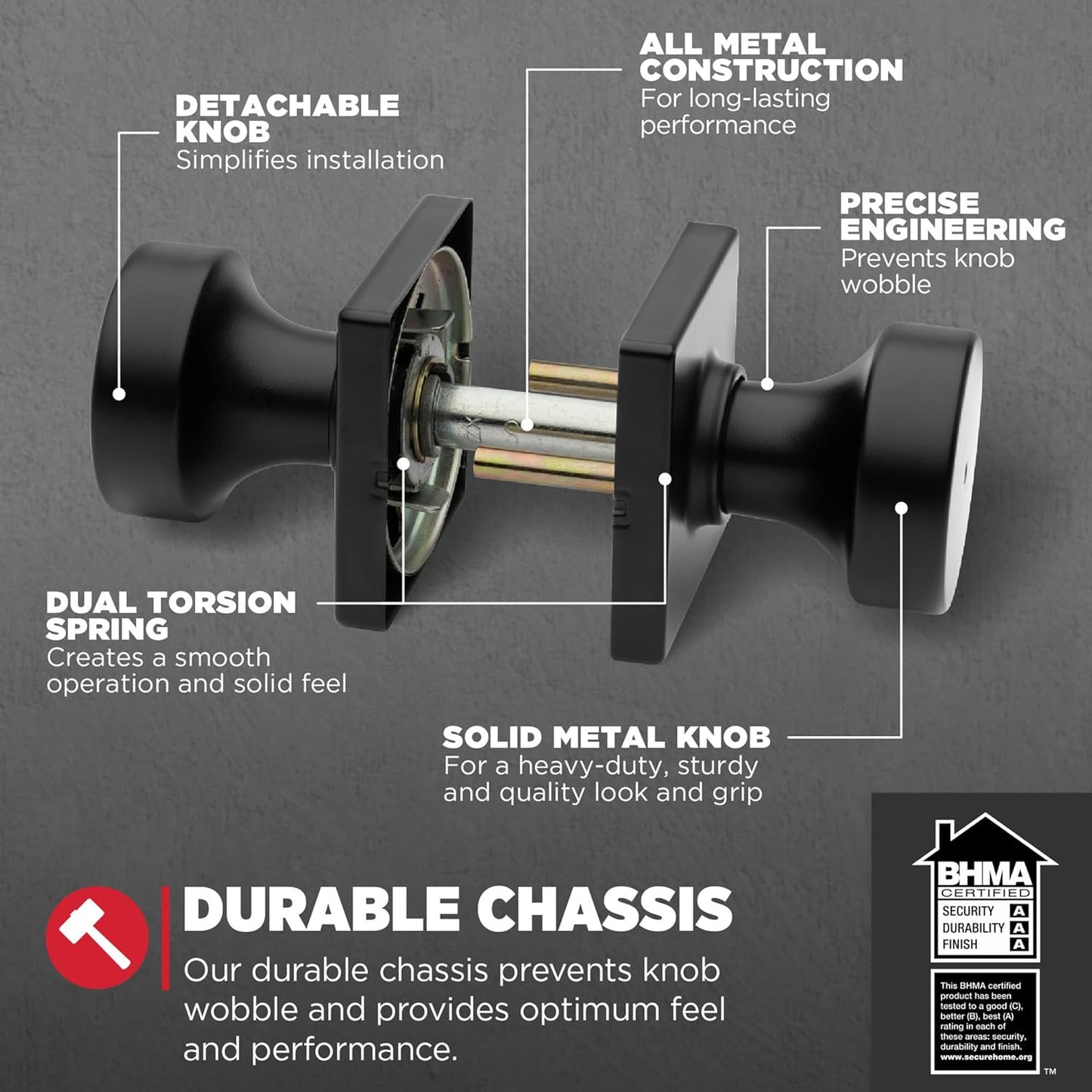 Pismo Interior Privacy Door Knob with Lock, Door Handle for Bathroom and Bedroom, Matte Black Keyless Turn Lock Doorknob, with Microban Protection