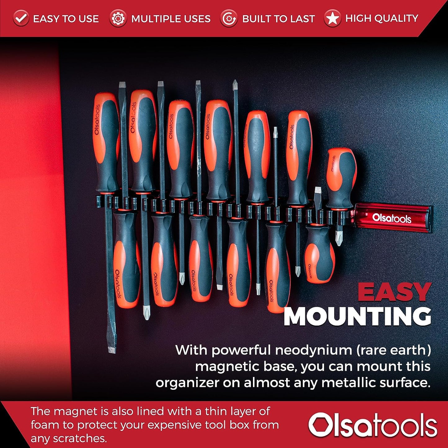 Magnetic Screwdriver Organizer - Screwdriver Holder with Strong Magnets and Foam Backing - Professional Tool Holder and Tool Organizer - Stores up to 16 Screwdrivers - Red - Part: 1008